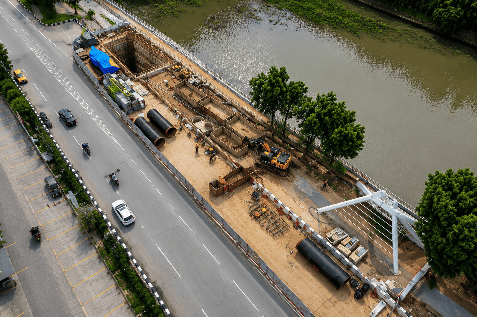 Site layout Proyek Air Bersih Jakarta oleh PT KMU Konstruksi Indonesia menggunakan metode Microtunneling dan Open Cut.